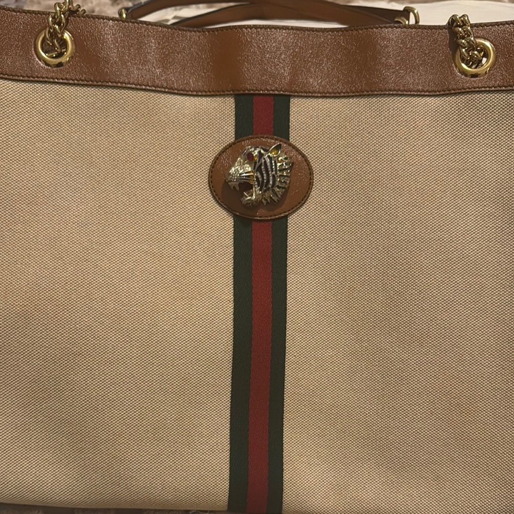 Gucci Brown and Tan Tote with Signature Stripe